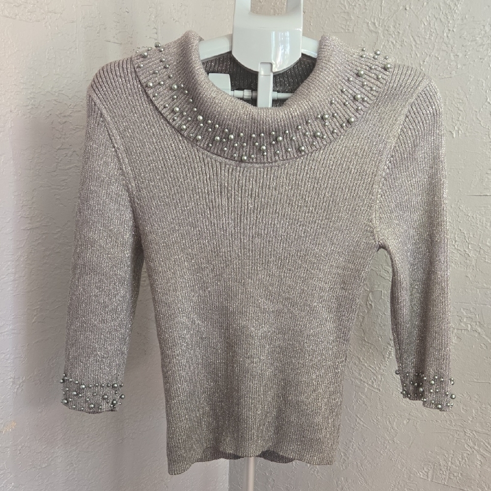 ^Lauren Michelle Petite Pearl-Embellished Cowelneck Sweater - Silver Ribbed